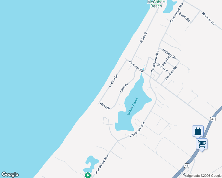 map of restaurants, bars, coffee shops, grocery stores, and more near 1305 Leeton Drive in Southold