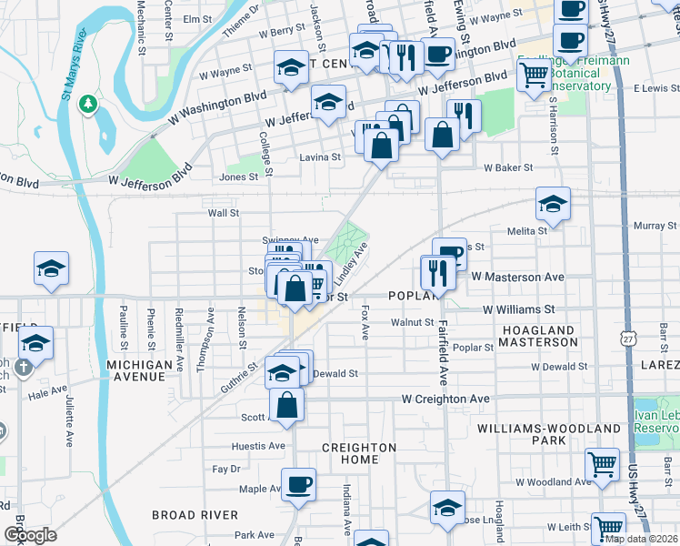map of restaurants, bars, coffee shops, grocery stores, and more near 909 Parkview Ave in Fort Wayne