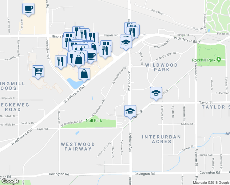 map of restaurants, bars, coffee shops, grocery stores, and more near 4001 North Washington Road in Fort Wayne