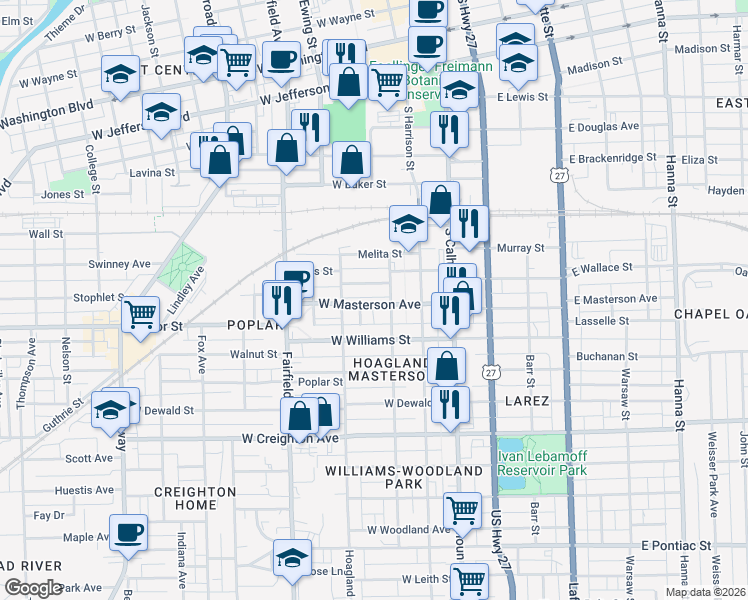 map of restaurants, bars, coffee shops, grocery stores, and more near 316 West Masterson Avenue in Fort Wayne