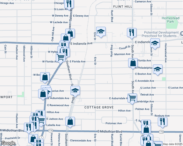map of restaurants, bars, coffee shops, grocery stores, and more near 142 East Boston Avenue in Youngstown