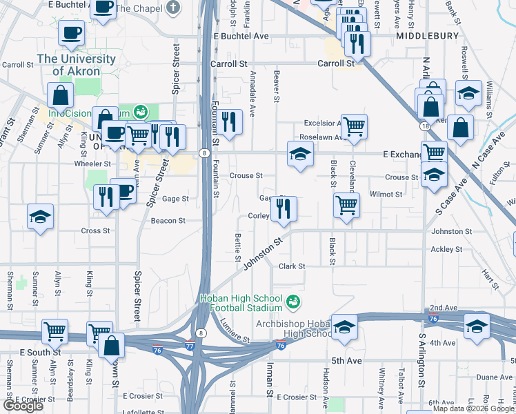 map of restaurants, bars, coffee shops, grocery stores, and more near 366 Beaver Street in Akron