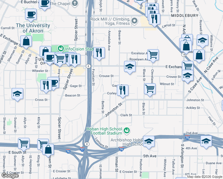 map of restaurants, bars, coffee shops, grocery stores, and more near 366 Beaver Street in Akron