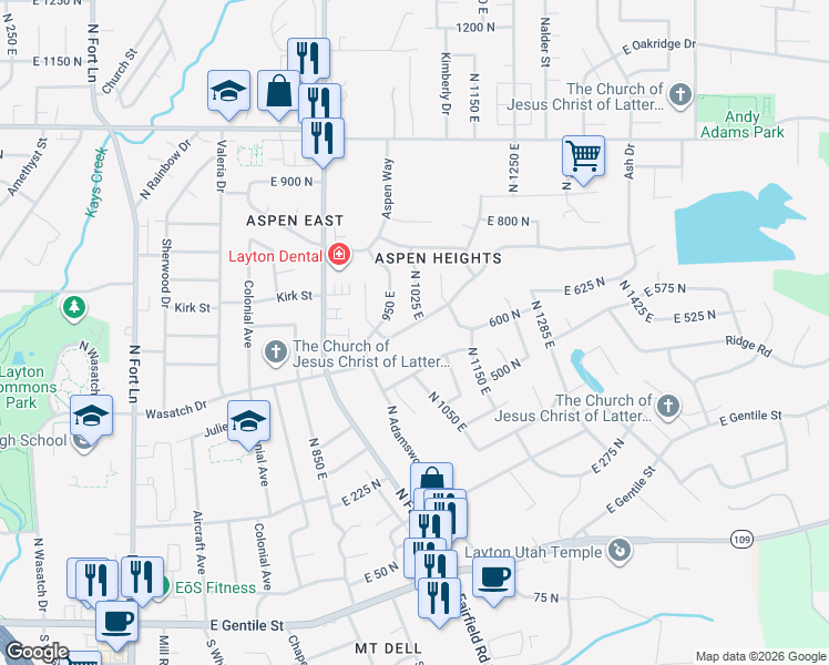 map of restaurants, bars, coffee shops, grocery stores, and more near 998 Snowcreek Drive in Layton