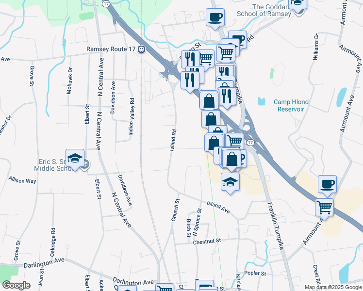 map of restaurants, bars, coffee shops, grocery stores, and more near 62 Regency Park in Ramsey
