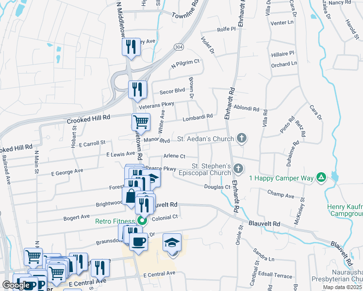 map of restaurants, bars, coffee shops, grocery stores, and more near 286 Manor Boulevard in Pearl River