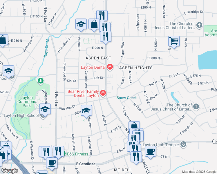 map of restaurants, bars, coffee shops, grocery stores, and more near 857 East 575 North in Layton