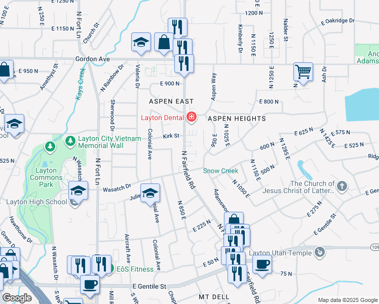 map of restaurants, bars, coffee shops, grocery stores, and more near 861 East 575 North in Layton