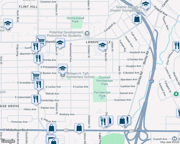 map of restaurants, bars, coffee shops, grocery stores, and more near in Youngstown
