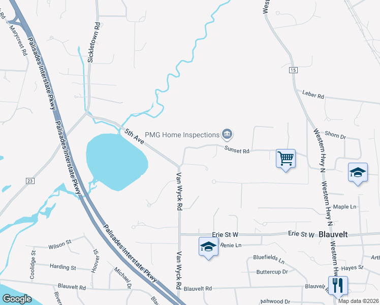 map of restaurants, bars, coffee shops, grocery stores, and more near 131 Sunset Road in Blauvelt