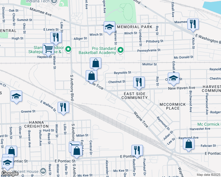 map of restaurants, bars, coffee shops, grocery stores, and more near 2221 New Haven Avenue in Fort Wayne