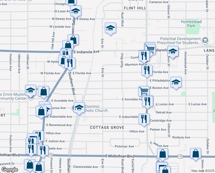 map of restaurants, bars, coffee shops, grocery stores, and more near 222 East Boston Avenue in Youngstown