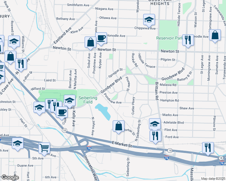 map of restaurants, bars, coffee shops, grocery stores, and more near 170 Colony Crescent in Akron