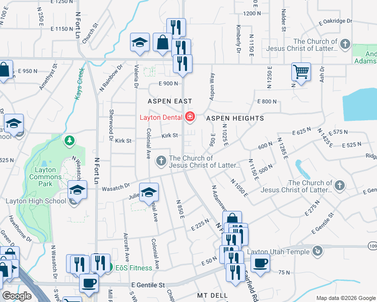 map of restaurants, bars, coffee shops, grocery stores, and more near 861 East 575 North in Layton