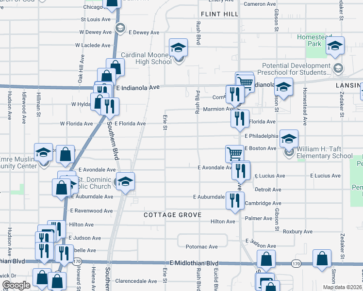 map of restaurants, bars, coffee shops, grocery stores, and more near 222 East Boston Avenue in Youngstown