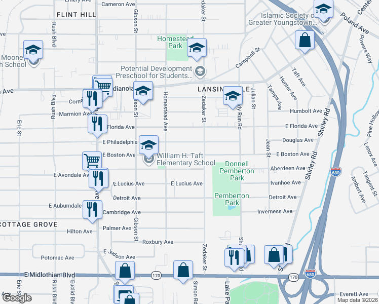 map of restaurants, bars, coffee shops, grocery stores, and more near 854 East Boston Avenue in Youngstown