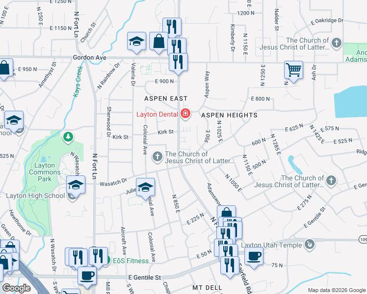 map of restaurants, bars, coffee shops, grocery stores, and more near 875 East 575 North in Layton