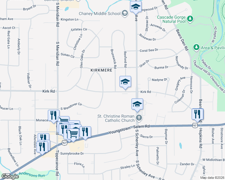 map of restaurants, bars, coffee shops, grocery stores, and more near 2934 Brunswick Road in Youngstown