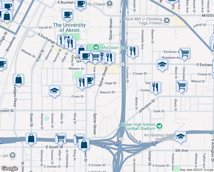 map of restaurants, bars, coffee shops, grocery stores, and more near 467 Spicer Street in Akron