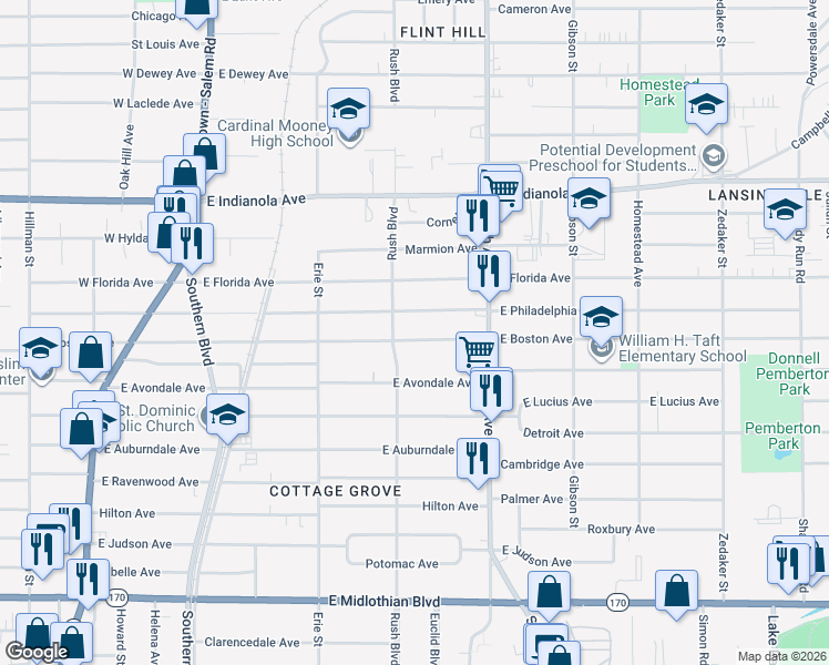 map of restaurants, bars, coffee shops, grocery stores, and more near 326 East Boston Avenue in Youngstown