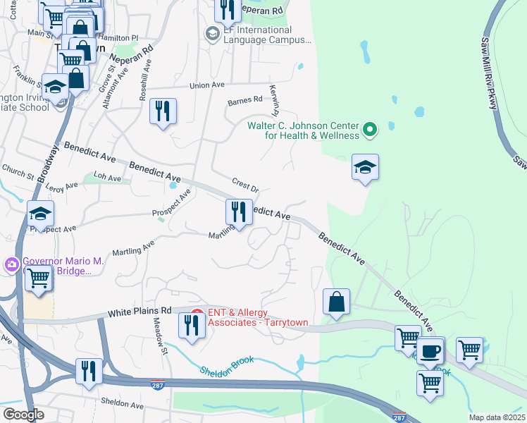 map of restaurants, bars, coffee shops, grocery stores, and more near Benedict Avenue in Tarrytown