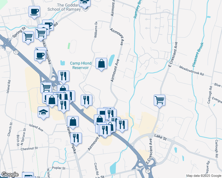 map of restaurants, bars, coffee shops, grocery stores, and more near 259 Airmount Avenue in Ramsey