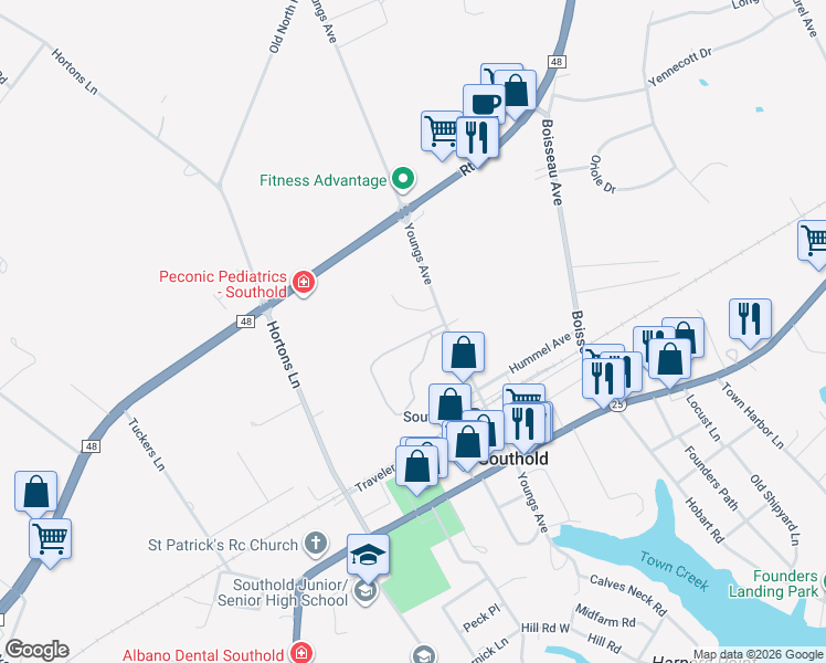 map of restaurants, bars, coffee shops, grocery stores, and more near 3005 Youngs Avenue in Southold