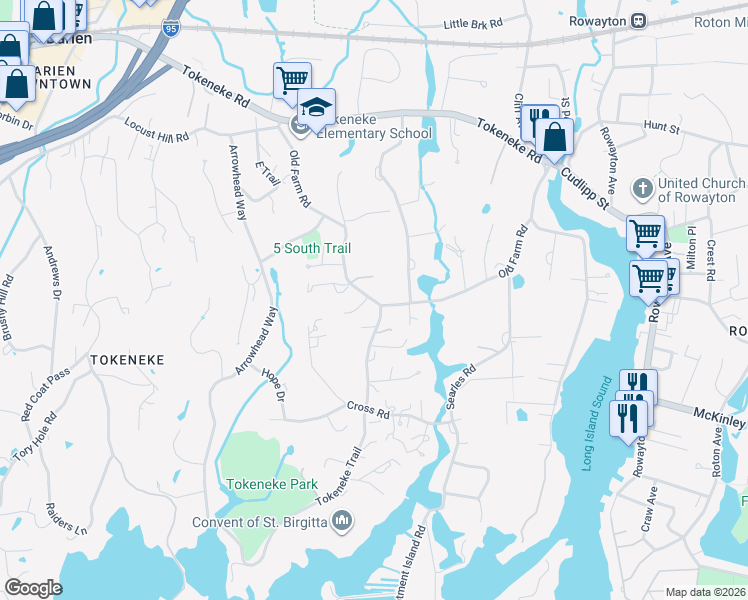 map of restaurants, bars, coffee shops, grocery stores, and more near 31 Old Farm Road in Darien
