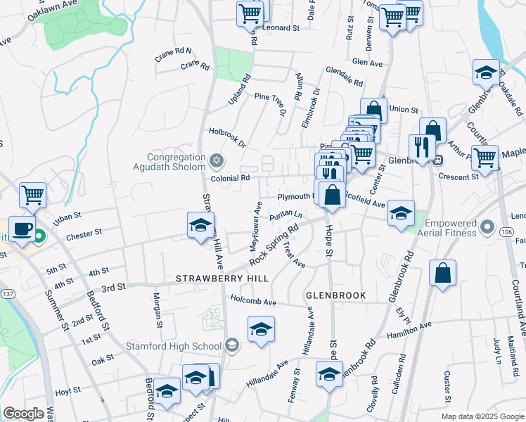 map of restaurants, bars, coffee shops, grocery stores, and more near 55 Puritan Lane in Stamford