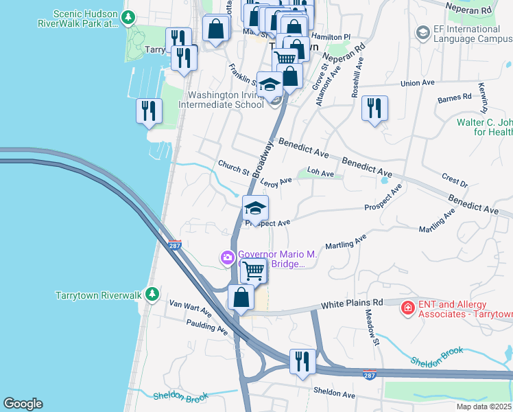 map of restaurants, bars, coffee shops, grocery stores, and more near 240 South Broadway in Tarrytown