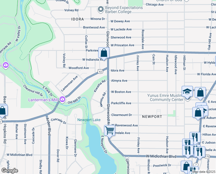 map of restaurants, bars, coffee shops, grocery stores, and more near 3110 Neosho Road in Youngstown