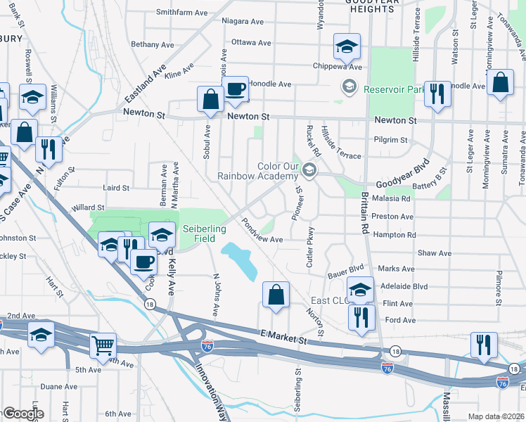 map of restaurants, bars, coffee shops, grocery stores, and more near 170 Colony Crescent in Akron