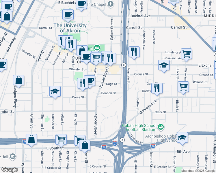 map of restaurants, bars, coffee shops, grocery stores, and more near 467 Spicer Street in Akron