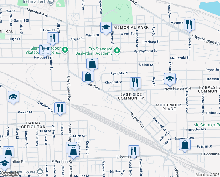 map of restaurants, bars, coffee shops, grocery stores, and more near 2221 New Haven Avenue in Fort Wayne