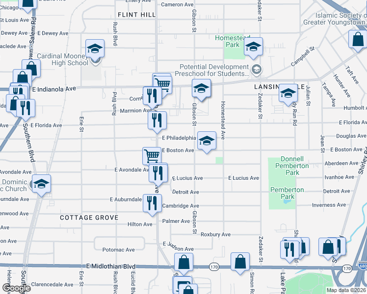 map of restaurants, bars, coffee shops, grocery stores, and more near 542 East Boston Avenue in Youngstown
