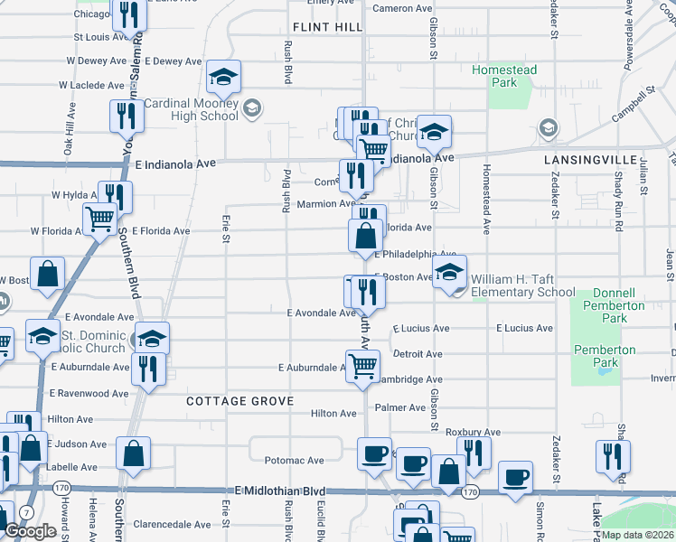 map of restaurants, bars, coffee shops, grocery stores, and more near 364 East Boston Avenue in Youngstown