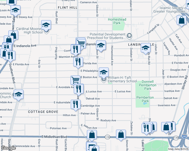 map of restaurants, bars, coffee shops, grocery stores, and more near 572 East Boston Avenue in Youngstown