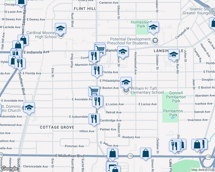 map of restaurants, bars, coffee shops, grocery stores, and more near 542 East Boston Avenue in Youngstown