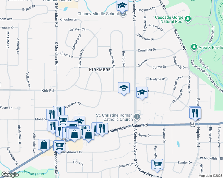 map of restaurants, bars, coffee shops, grocery stores, and more near 2934 Brunswick Road in Youngstown