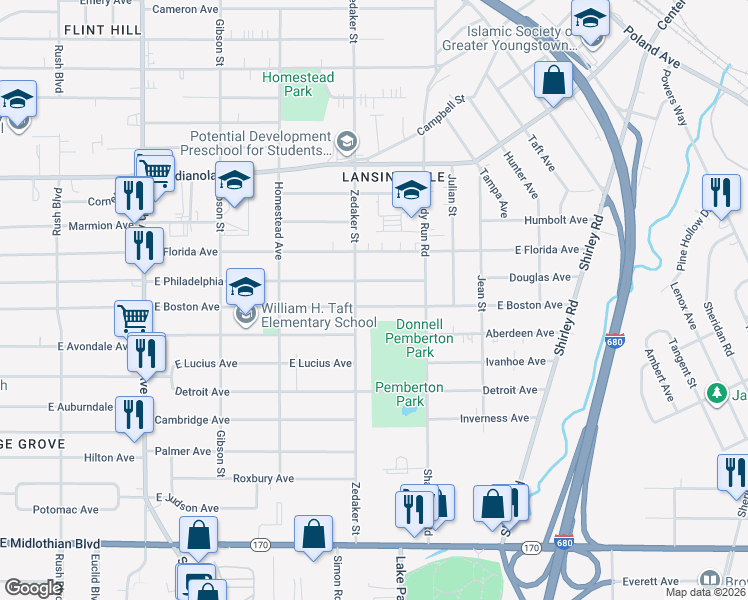 map of restaurants, bars, coffee shops, grocery stores, and more near in Youngstown