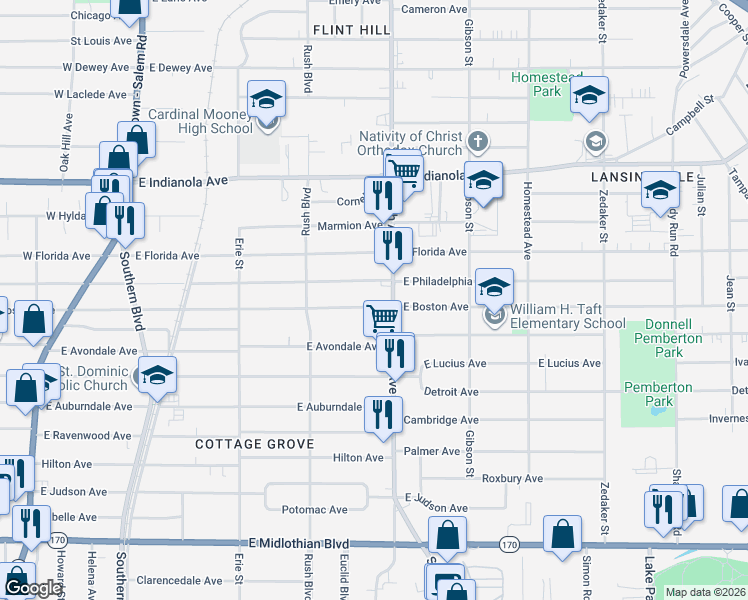 map of restaurants, bars, coffee shops, grocery stores, and more near 364 East Boston Avenue in Youngstown