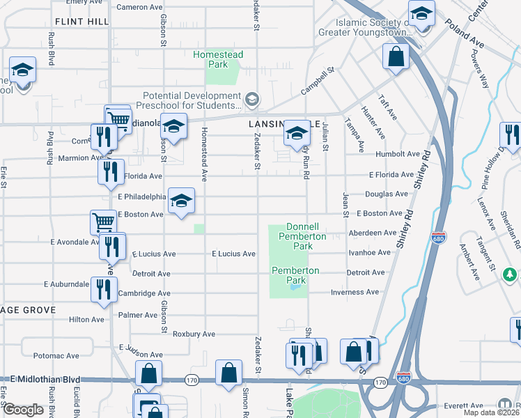 map of restaurants, bars, coffee shops, grocery stores, and more near 902 East Boston Avenue in Youngstown