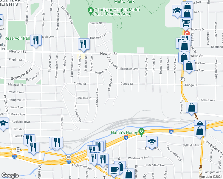 map of restaurants, bars, coffee shops, grocery stores, and more near 305 Cluster Avenue in Akron
