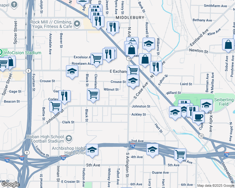 map of restaurants, bars, coffee shops, grocery stores, and more near 1047 Fairbanks Place in Akron