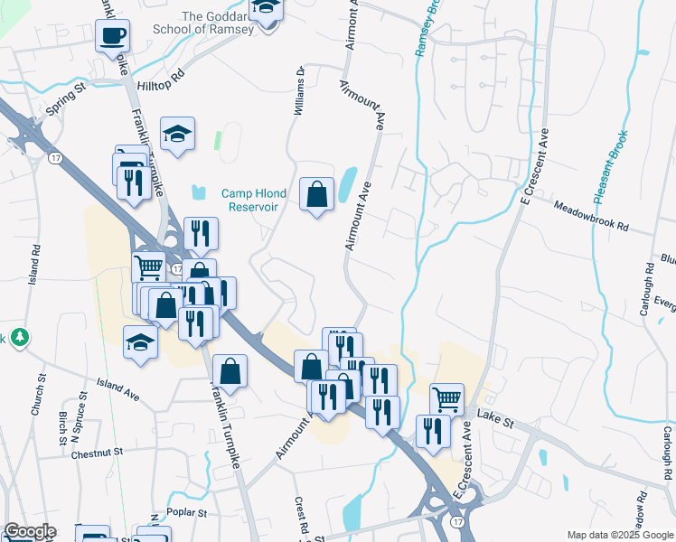 map of restaurants, bars, coffee shops, grocery stores, and more near 267 Airmount Avenue in Ramsey
