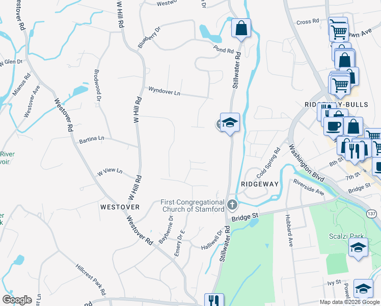 map of restaurants, bars, coffee shops, grocery stores, and more near 51 West Rock Trail in Stamford
