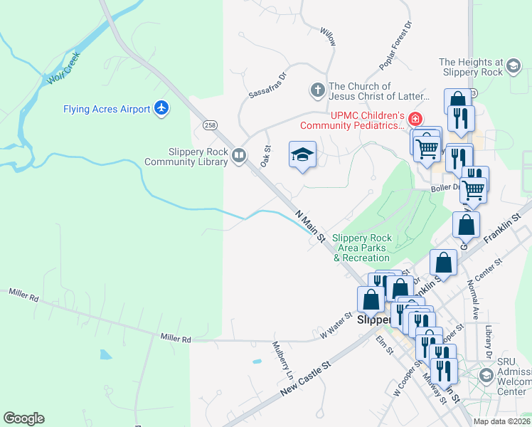 map of restaurants, bars, coffee shops, grocery stores, and more near 435 N Main St in Slippery Rock