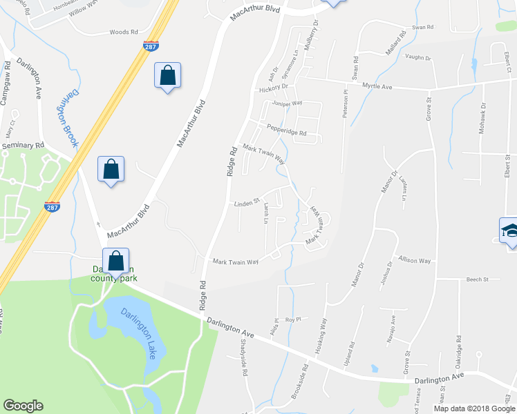 map of restaurants, bars, coffee shops, grocery stores, and more near 213 Larch Lane in Mahwah