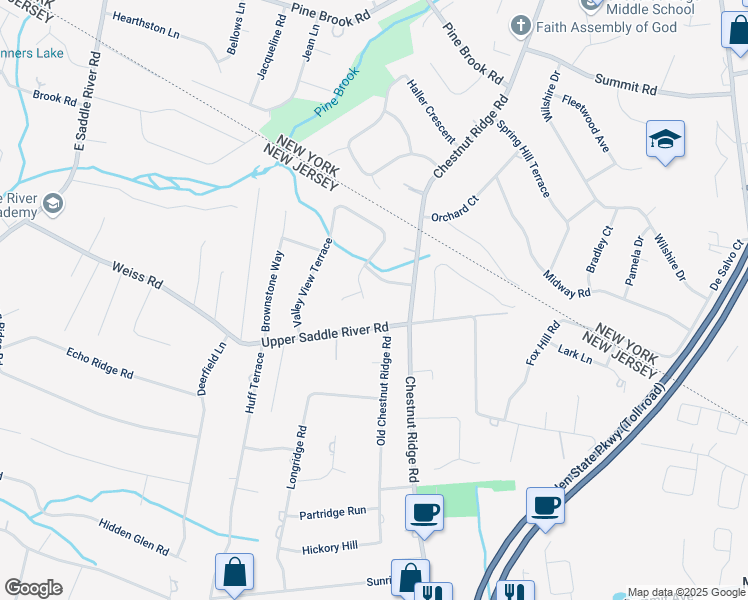 map of restaurants, bars, coffee shops, grocery stores, and more near 84 Valley View Terrace in Montvale
