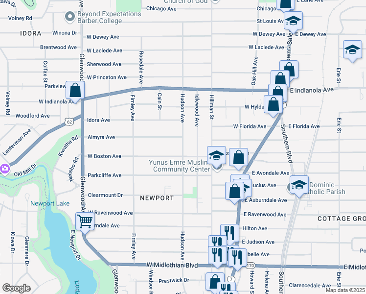 map of restaurants, bars, coffee shops, grocery stores, and more near 3019 Hudson Avenue in Youngstown